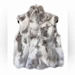 Adrienne Landau Genuine Rabbit Fur Vest Gray White Plush Luxury